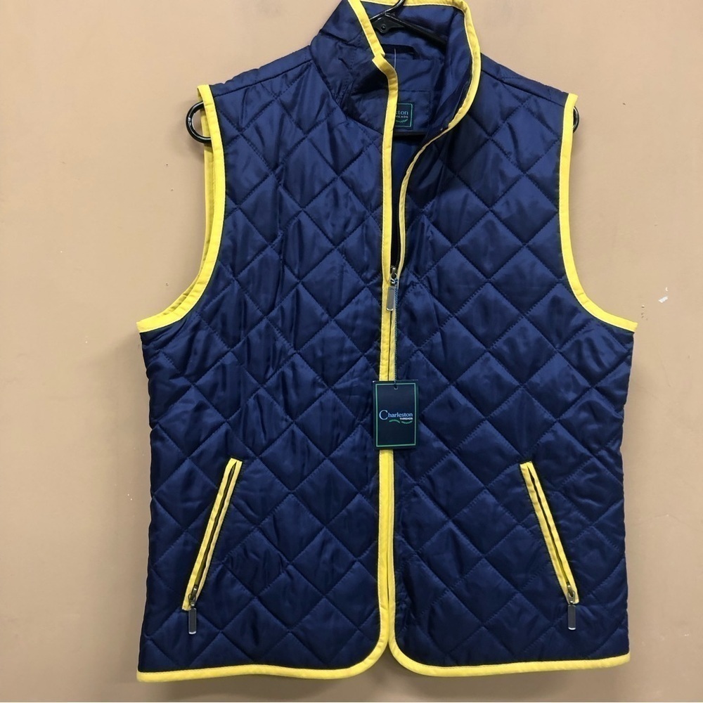 Charleston Threads Blue Quilted Vest With Yellow Piping Size M NWT